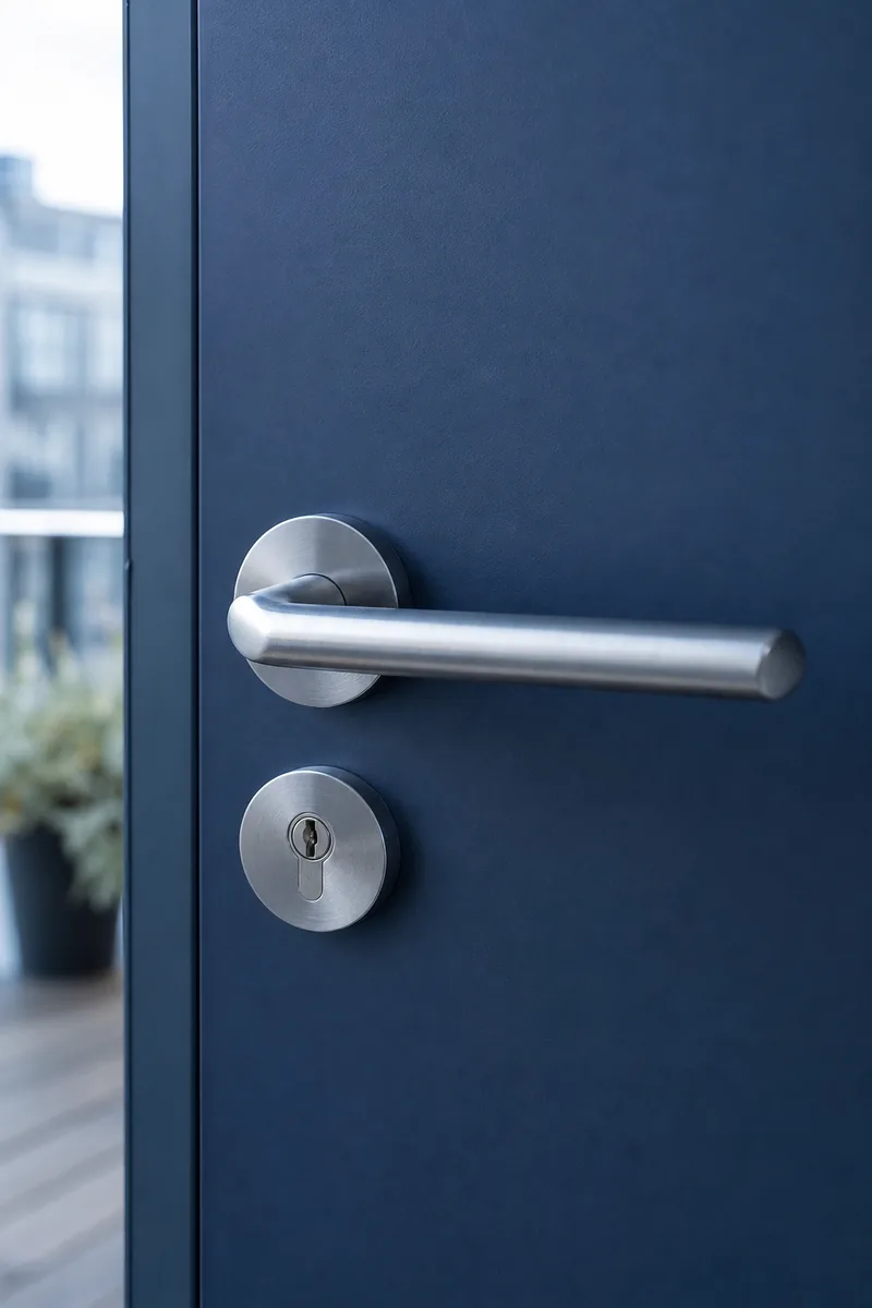 Poignée et cylindre d’une porte d’appartement bleu marine