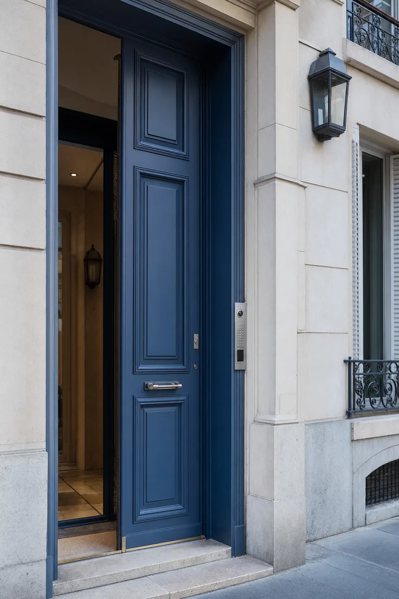 Porte d’entrée bleue d’un immeuble moderne, poignée en acier brossé et serrure de sécurité